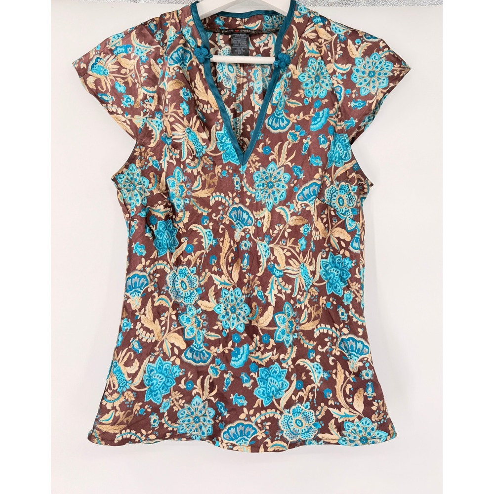 Faith Passion Floral Blouse Womens 5 Brown Turquoise Frog Button Boho Silky Top